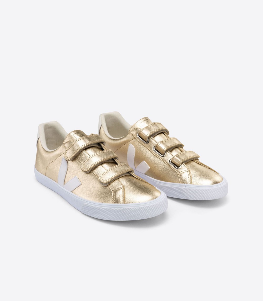 Tenis Veja Mujer - 3-Lock Cuero - Dorados/Blancos - 056VFDZUW